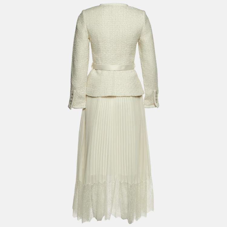 Pre Owned Self-Portrait Cream Boucle & Chiffon Tailored Midi Dress S