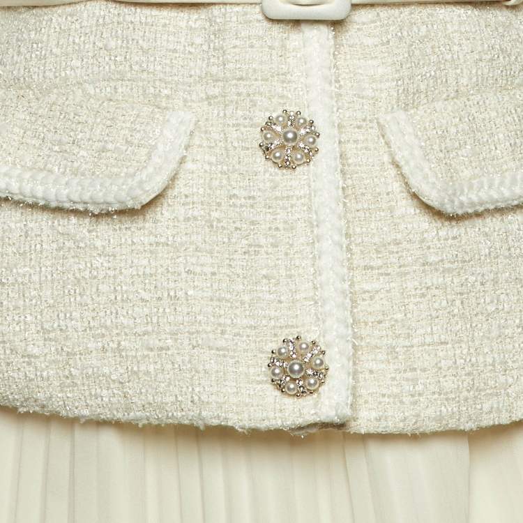 Pre Owned Self-Portrait Cream Boucle & Chiffon Tailored Midi Dress S