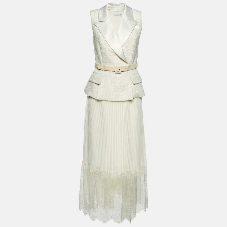 Pre Owned Self-Portrait Cream Boucle & Chiffon Tailored Midi Dress S