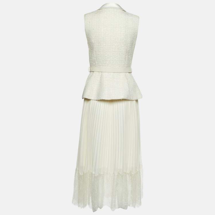Pre Owned Self-Portrait Cream Boucle & Chiffon Tailored Midi Dress S