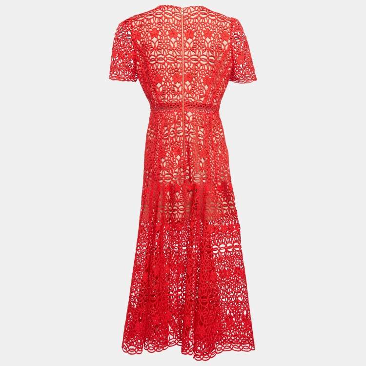 Pre Owned Self-Portrait Red Guipure Lace Midi Dress L