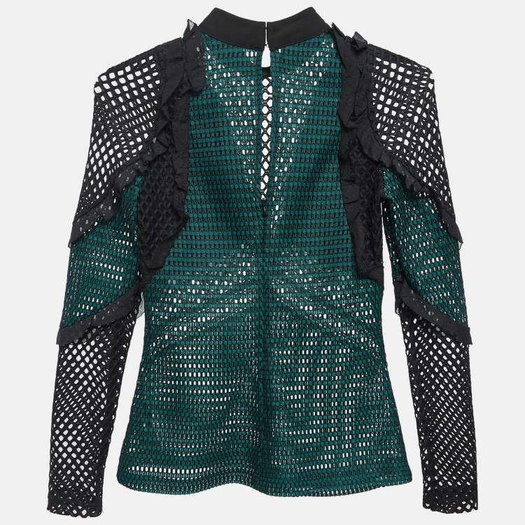 Pre Owned Self-Portrait Green Mesh Ruffle Detail Top S