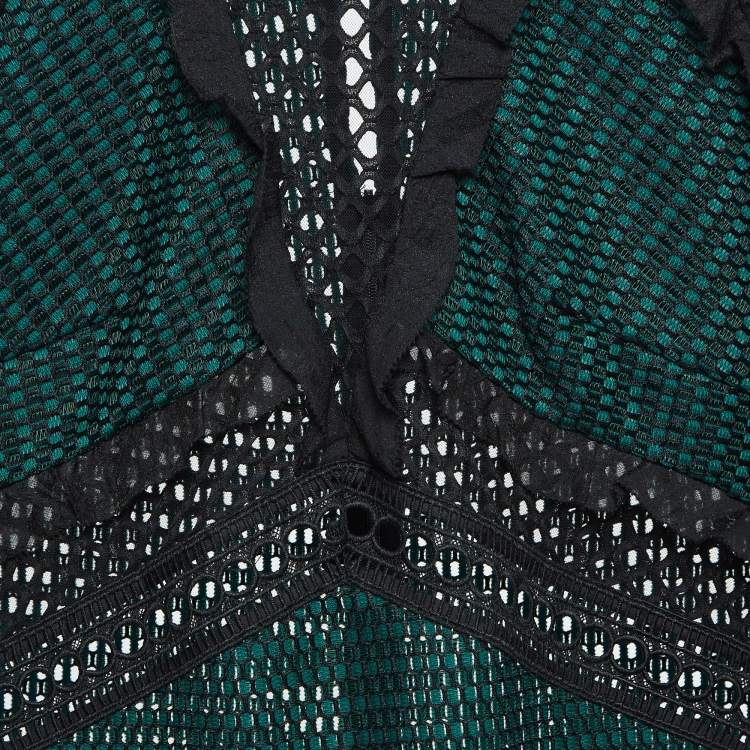 Pre Owned Self-Portrait Green Mesh Ruffle Detail Top S