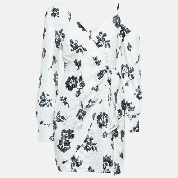 Pre Owned Self-Portrait White Floral Sequin One-Shoulder Mini Dress M