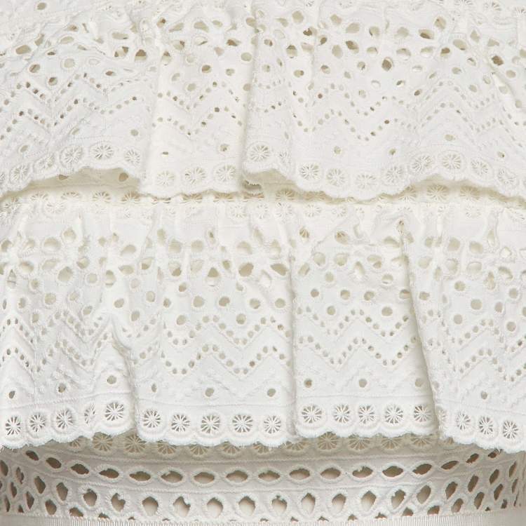 Pre Owned Self-Portrait White Broderie Anglaise Cotton Ruffled Mini Dress S
