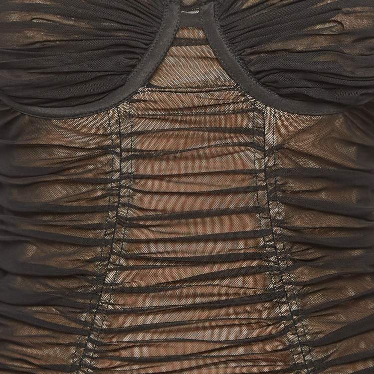 Pre Owned Self-Portrait Black Mesh Ruched Strap Detail Bodycon Dress S