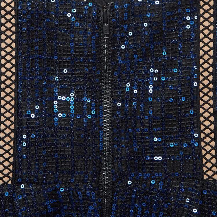 Pre Owned Self-Portrait Blue/Black Crepe Sequin Lace Trim Top S