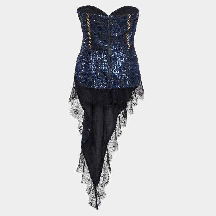 Pre Owned Self-Portrait Blue/Black Crepe Sequin Lace Trim Top S