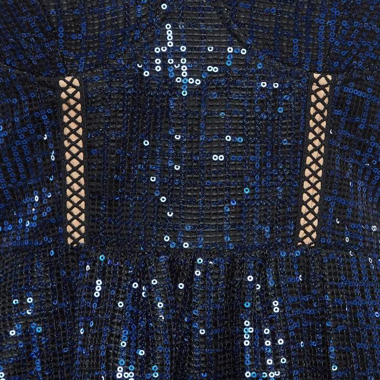 Pre Owned Self-Portrait Blue/Black Crepe Sequin Lace Trim Top S
