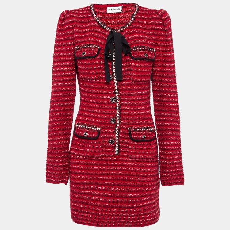 Pre Owned Self-Portrait Red Patterned Wool Blend Melange Knit Mini Dress L