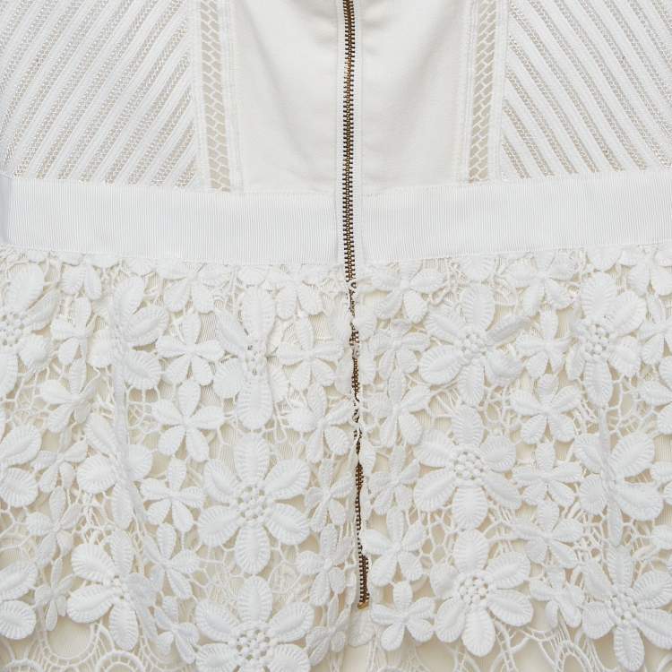 Pre Owned  Self-Portrait White Lace Tiered Off-Shoulder Mini Dress S