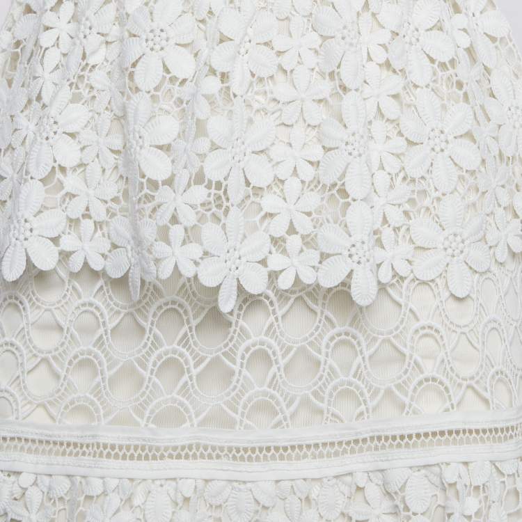 Pre Owned  Self-Portrait White Lace Tiered Off-Shoulder Mini Dress S