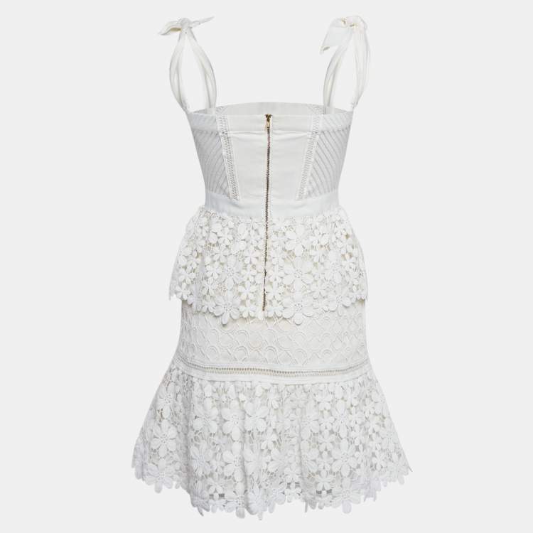 Pre Owned  Self-Portrait White Lace Tiered Off-Shoulder Mini Dress S