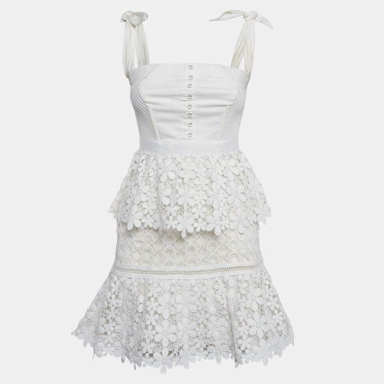 Pre Owned  Self-Portrait White Lace Tiered Off-Shoulder Mini Dress S