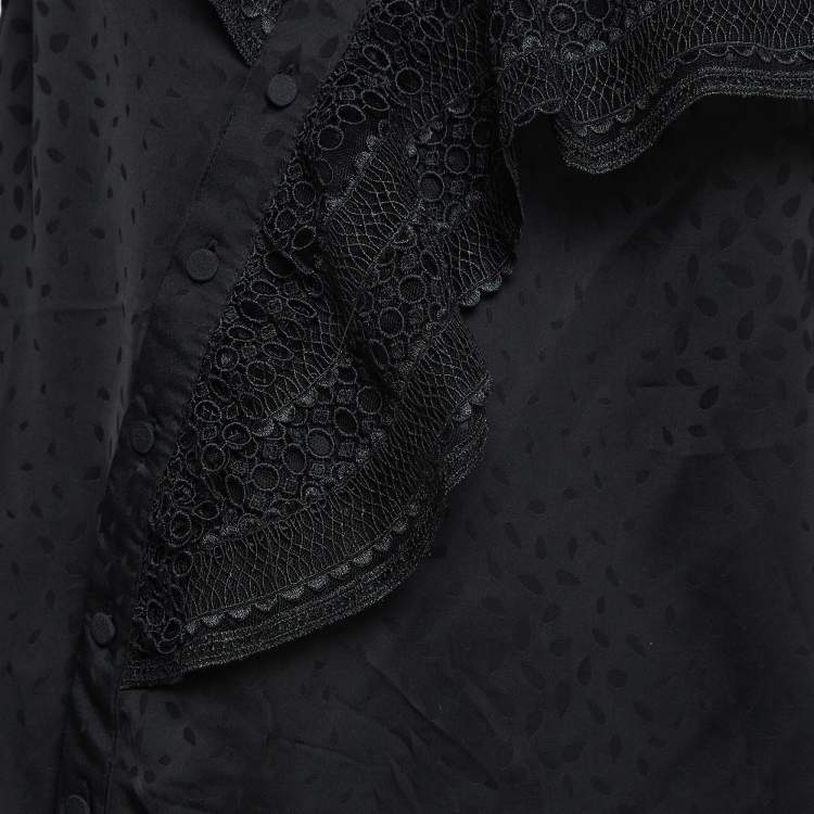 Pre Owned Self-Portrait Black Patterned Satin Guipure Lace Trim Blouse S