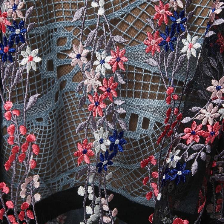 Pre Owned Self-Portrait Black Embroidered Tulle and Guipure Midi Dress M