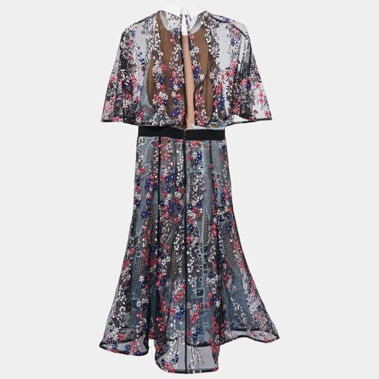 Pre Owned Self-Portrait Black Embroidered Tulle and Guipure Midi Dress M