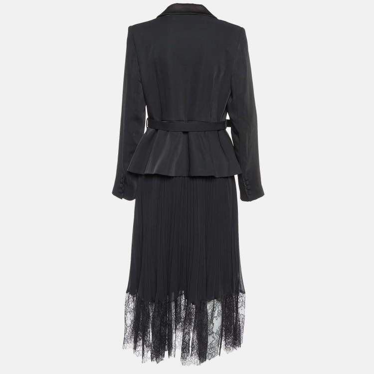 Pre Owned Self-Portrait Black Crepe & Chiffon Tailored Midi Dress L
