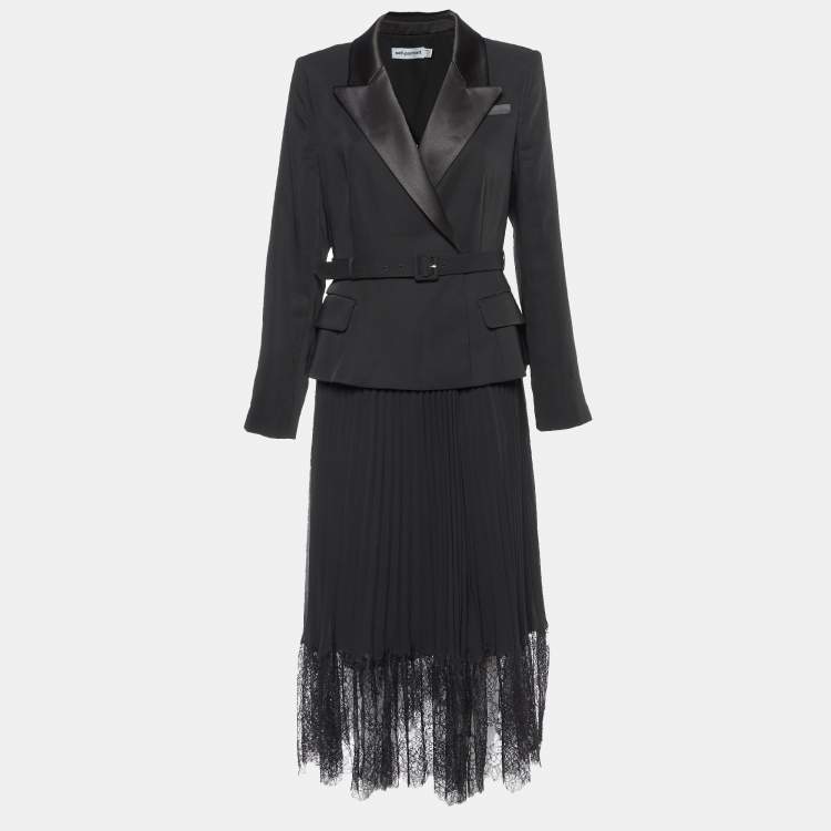 Pre Owned Self-Portrait Black Crepe & Chiffon Tailored Midi Dress L