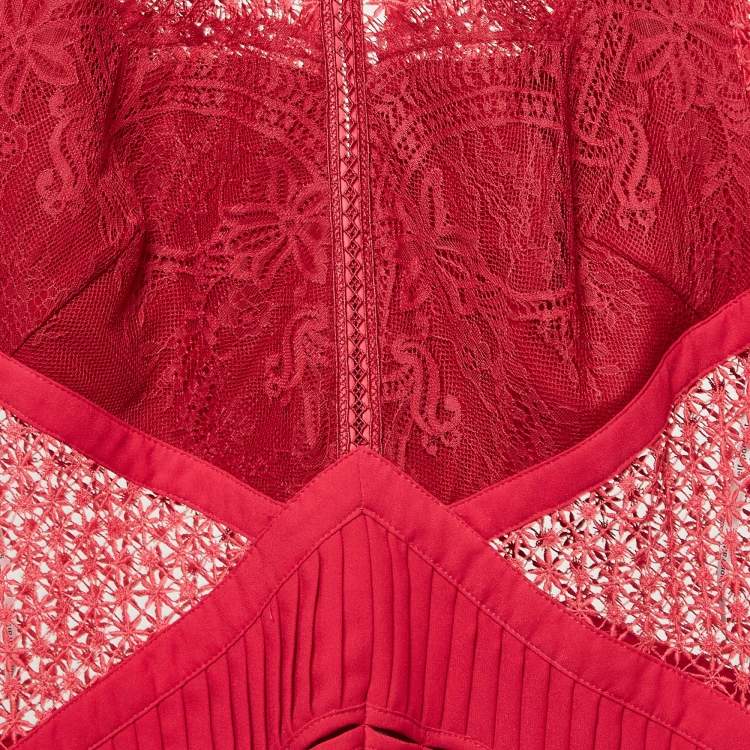 Pre Owned Self-Portrait Pink Guipure Lace Pleated Mini Dress S