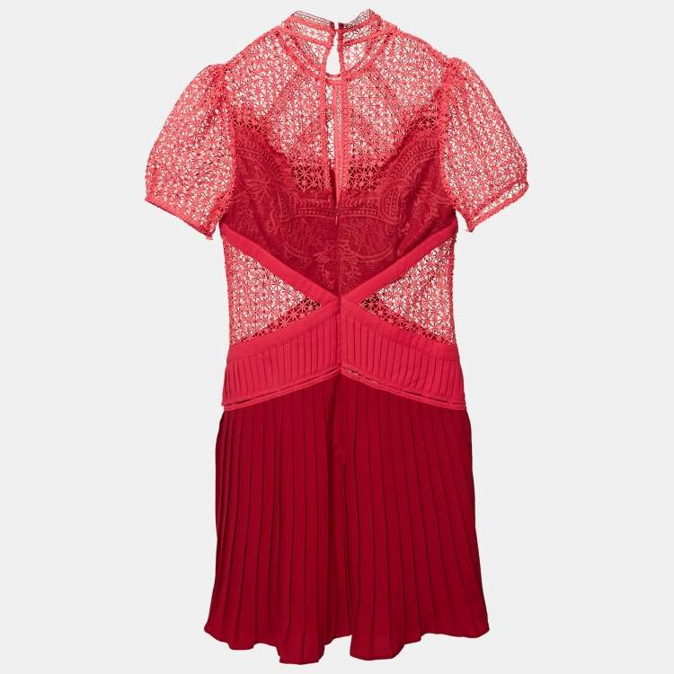 Pre Owned Self-Portrait Pink Guipure Lace Pleated Mini Dress S