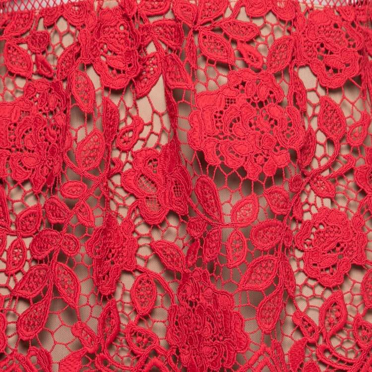 Pre Owned Self-Portrait Red Floral Guipure Lace Tiered Midi Dress M
