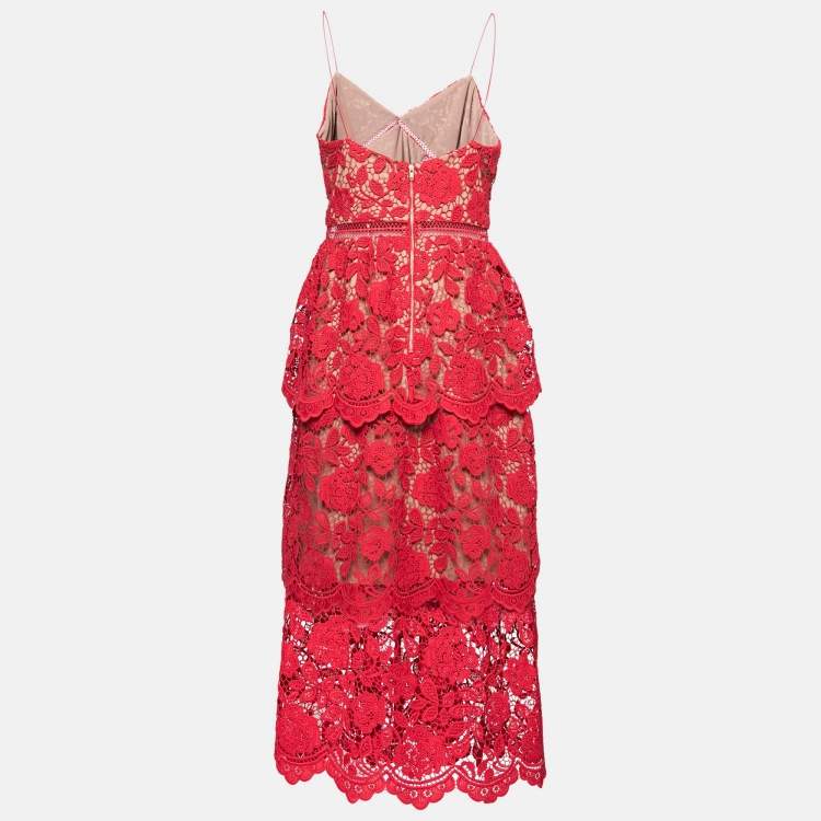 Pre Owned Self-Portrait Red Floral Guipure Lace Tiered Midi Dress M