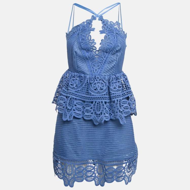 Pre Owned Self-Portrait Blue Guipure Lace Ruffled Mini Dress S