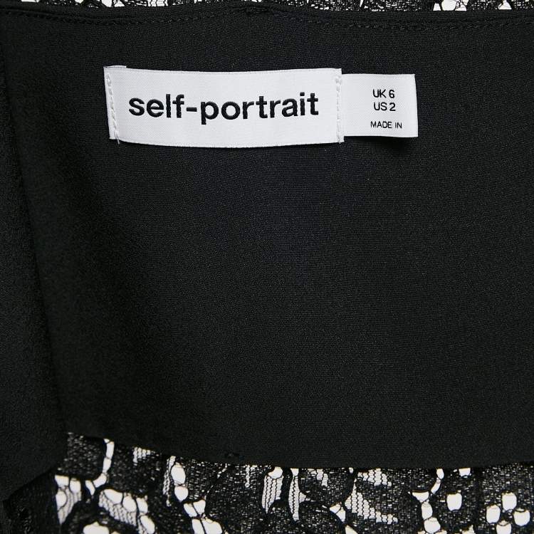 Pre Owned Self-Portrait Black Lace Flared Sleeve Button Front Crop Top S