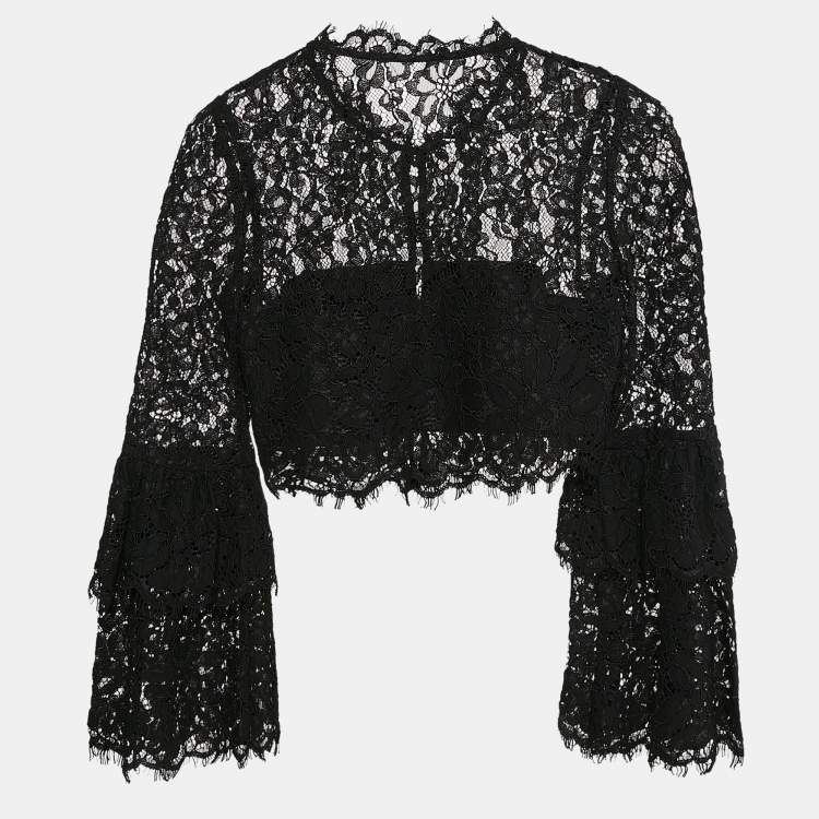 Pre Owned Self-Portrait Black Lace Flared Sleeve Button Front Crop Top S