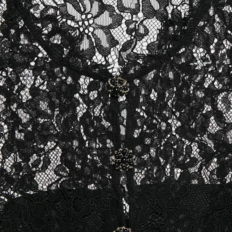 Pre Owned Self-Portrait Black Lace Flared Sleeve Button Front Crop Top S