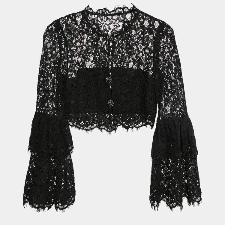 Pre Owned Self-Portrait Black Lace Flared Sleeve Button Front Crop Top S