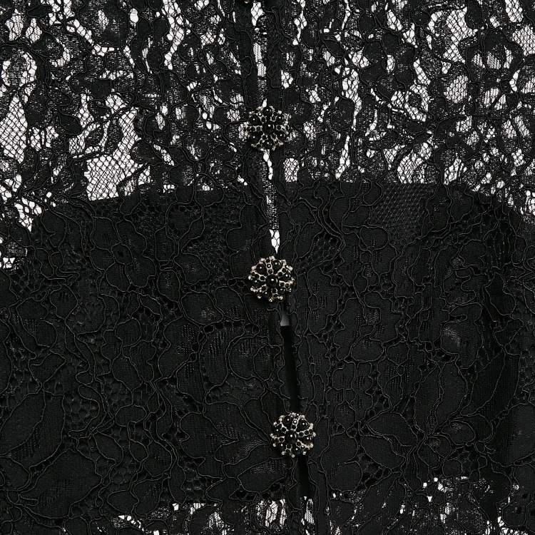 Pre Owned Self-Portrait Black Lace Flared Sleeve Button Front Crop Top S