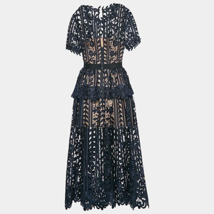 Pre Owned Self-Portrait Navy Blue Floral Lace Tiered Midi Dress S