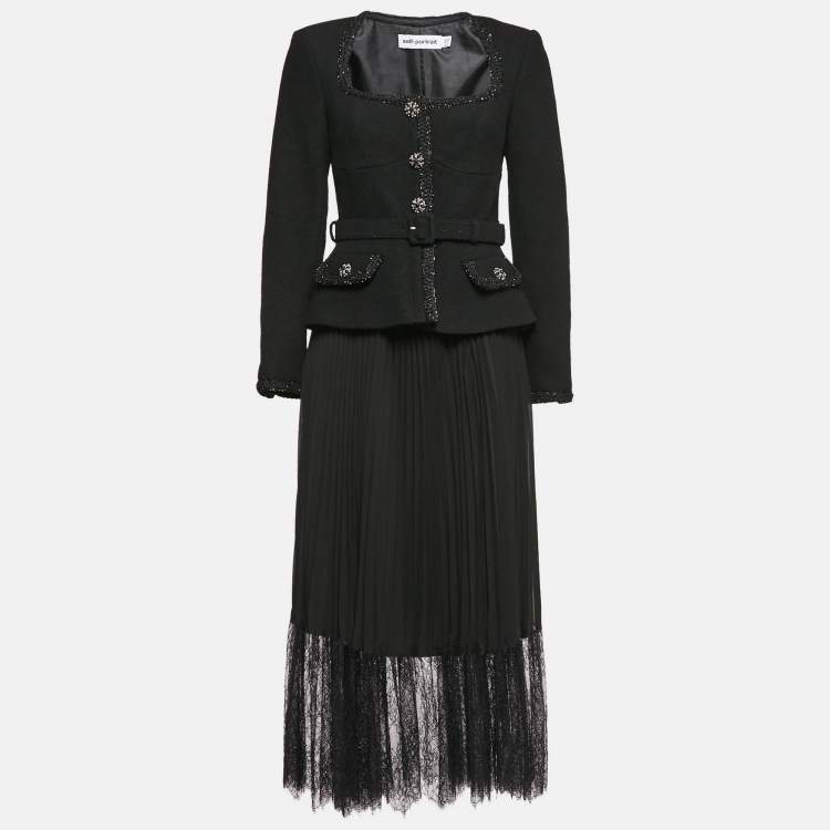 مملوكة مسبقًا Self-Portrait Black Tweed and Chiffon Tailored Bodice Midi Dress M