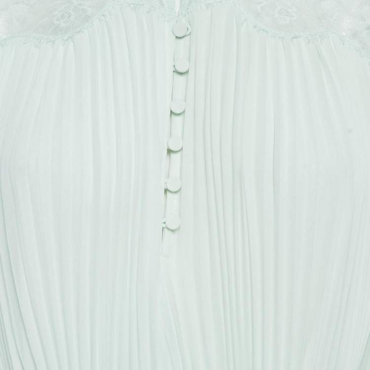 Pre Owned Self-Portrait Light Green Corded Lace-Trim Chiffon Plisse Maxi Dress M