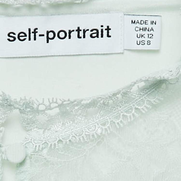 Pre Owned Self-Portrait Light Green Corded Lace-Trim Chiffon Plisse Maxi Dress M