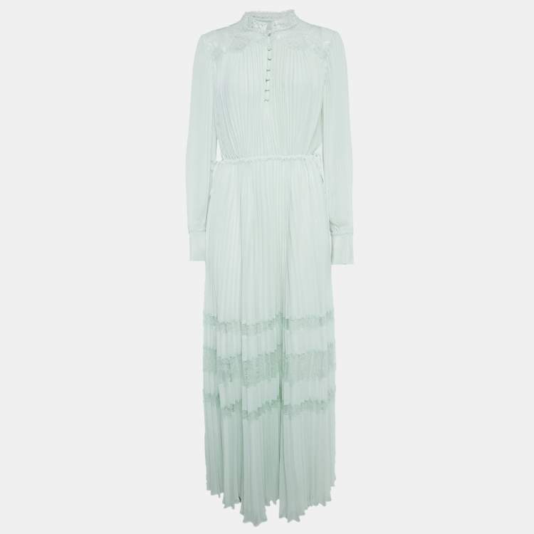 Pre Owned Self-Portrait Light Green Corded Lace-Trim Chiffon Plisse Maxi Dress M
