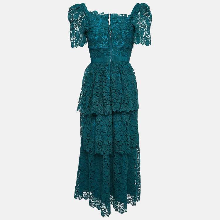 Pre Owned Self-Portrait Green Floral Lace Tiered Midi Dress M