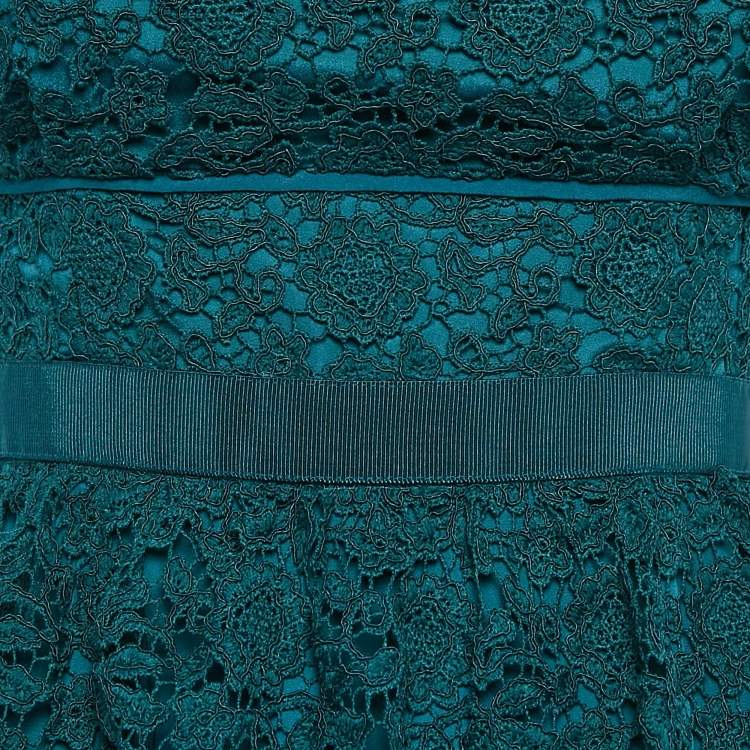 Pre Owned Self-Portrait Green Floral Lace Tiered Midi Dress M