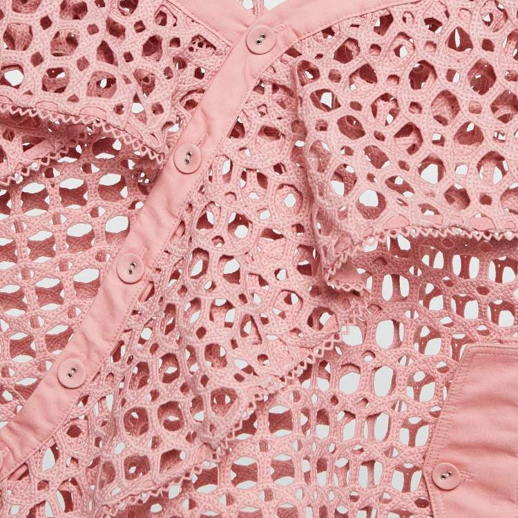 Pre Owned Self-Portrait Pink Guipure Lace One Shoulder Ruffled Top M