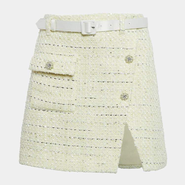 Pre Owned Self-Portrait Yellow Bouclé Belted Mini Wrap Skirt S