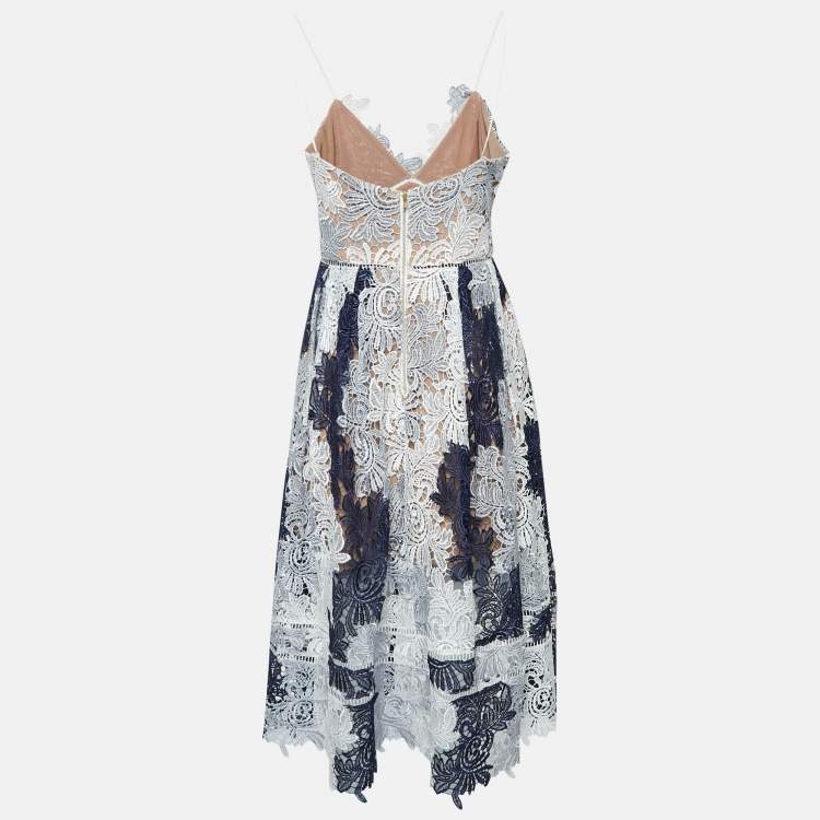 Pre Owned Self Portrait Blue/White Guipure Lace Camellias Midi Dress M