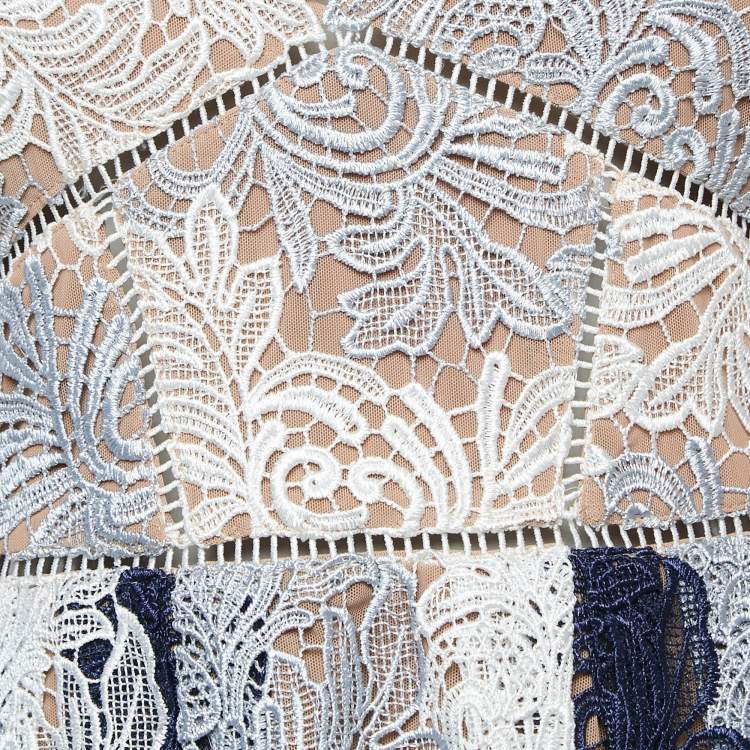 Pre Owned Self Portrait Blue/White Guipure Lace Camellias Midi Dress M