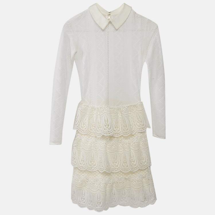 Pre Owned Self-Portrait White Lace Ruffled Full Sleeve Mini Dress S