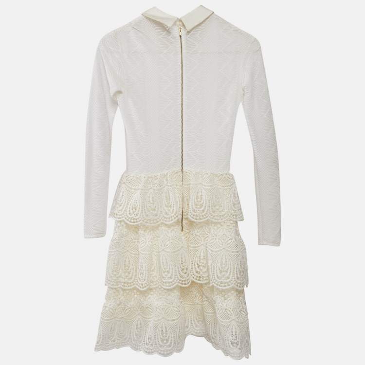 Pre Owned Self-Portrait White Lace Ruffled Full Sleeve Mini Dress S