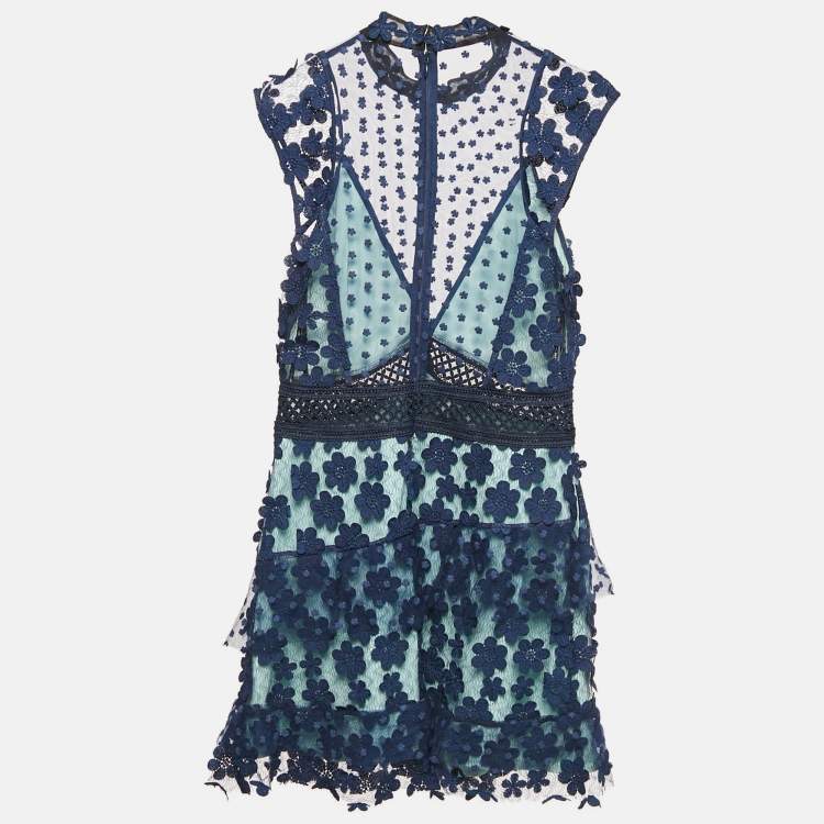 مملوكة مسبقًا Self-Portrait Navy Blue Floral Applique Mesh Mini Dress M