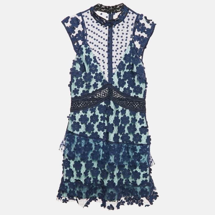 مملوكة مسبقًا Self-Portrait Navy Blue Floral Applique Mesh Mini Dress M