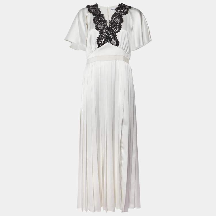 Pre Owned Self-Portrait White Lace Trim Satin Pleated Maxi Dress M