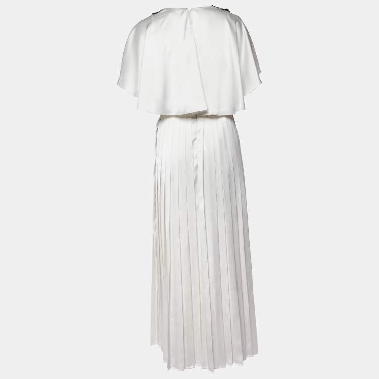 Pre Owned Self-Portrait White Lace Trim Satin Pleated Maxi Dress M